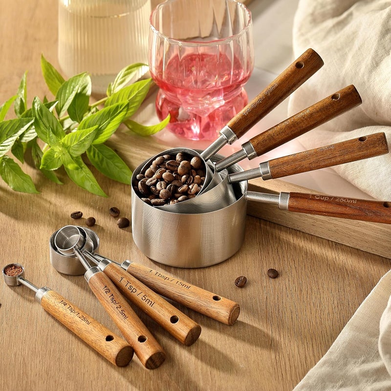 DAJLFA 8PCS Measuring Cups, Stainless Steel Measuring Cups and Spoons Set with Ergonomic Wooden Handle for Cooking & Baking - Image 5